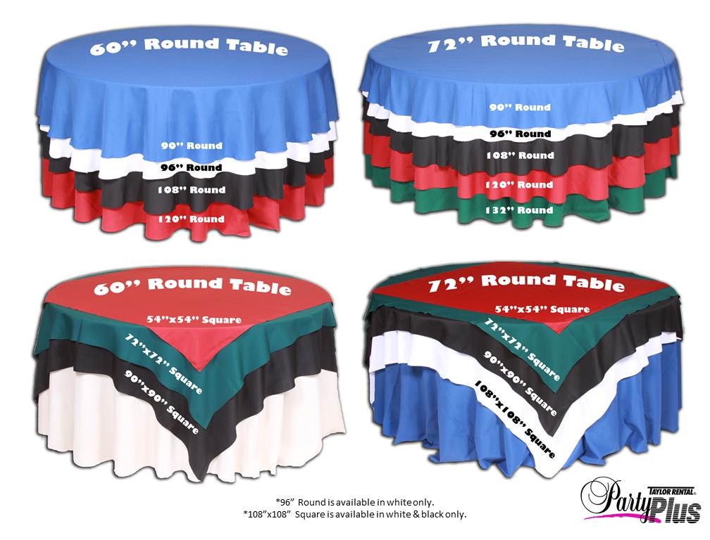 Overlay Sizing Chart Wedding table linens, Party table cloth, Wedding